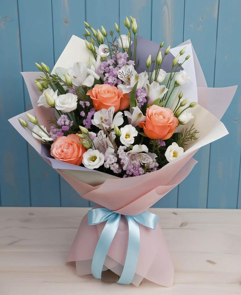 Букет цветов из: Лизиантусы, Розы, Альстромерии и Гипсофила в Поныри