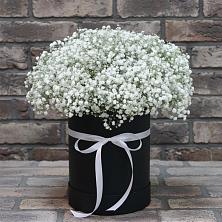 Цветочная композиция из Гипсофила в шляпной коробке в Поныри