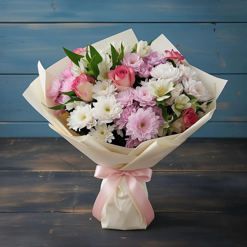 Букет цветов из: Хризантемы, Альстромерии и Розы в Поныри